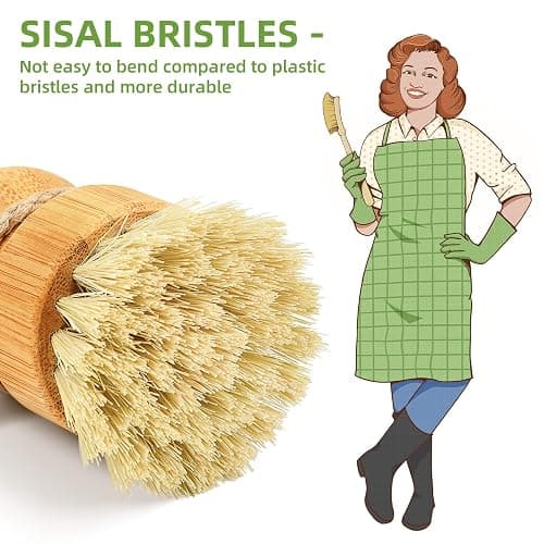 Bamboo Dish Scrub Brushes,Kitchen Wooden Cleaning Scrubbers Set for Washing Cast Iron Pan/Pot, Natural Sisal Bristles, Set of 3 thumbnail 3