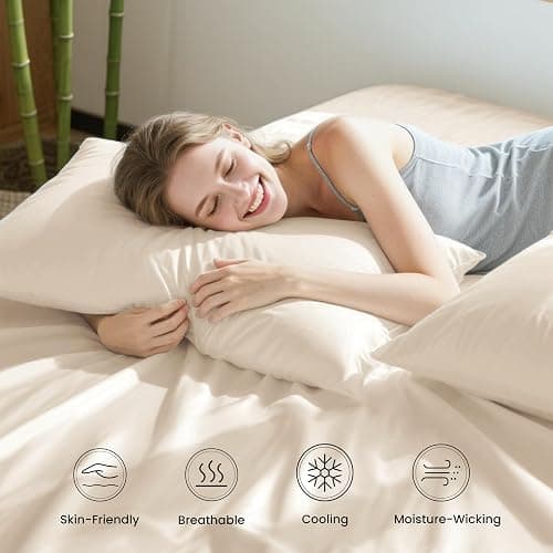 Love's cabin 4 Piece Full Size Sheet Set, 100% Rayon Derived from Bamboo, Cooling & Breathable, Soft Silky Deep Pocket up to 16", Hotel Luxury Bedding for Hot Sleepers, Beige thumbnail 5