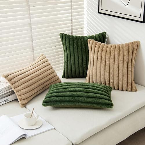 MIULEE Moss Green Throw Pillow Covers 18x18 Inch Set of 2 Soft Pillowcase with Velvet Back Faux Rabbit Fur Cushion Covers Decorative Home Decor for Couch Sofa Bedroom Livingroom - 45L x 45W cm (Pack of 2) - Moss Green thumbnail 5