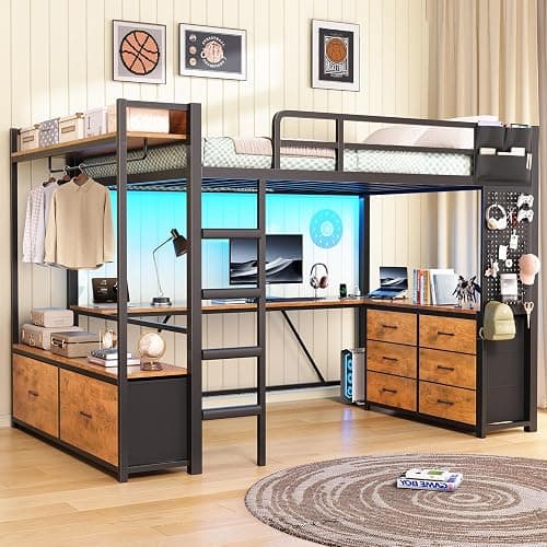 Itaar Twin Loft Bed with L-Shaped Desk and 8 Storage Drawers, Metal Kids Loft Bed Twin with Led Lights & Charging Sation, Hall Tree, Safety Guard & Ladder, No Box Spring Needed, Rustic Brown - Image 1