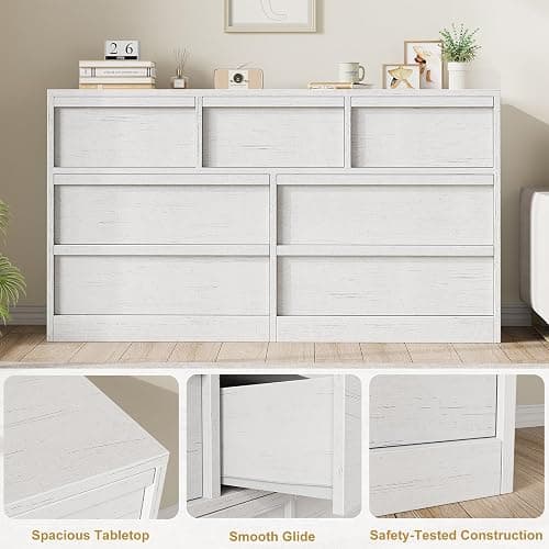 GarveeHome 7 Drawer Dresser for Bedroom, 54in Wide Antique White 7 Chest of Drawers with Large Storage, Wooden Dresser Organizer for Living Room, Nursery, Entryway thumbnail 5