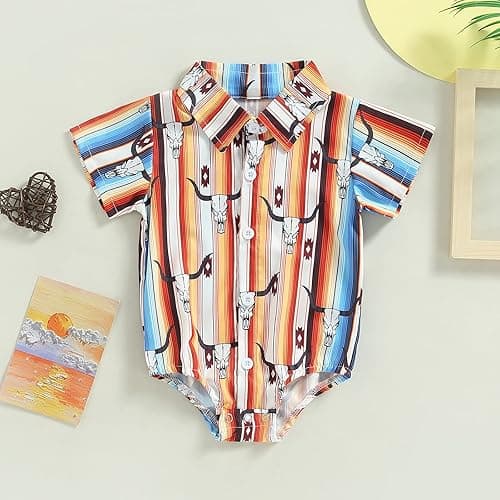 Karuedoo Western Baby Boy Clothes Cow Print Shirt Romper Infant Short Sleeve Button Down Bodysuit One Piece Gentleman Outfit - Short Sleeve Striped - 0-6 Months thumbnail 4