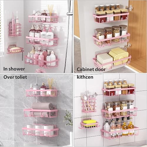 Liuoud 5 Pack Shower Caddy Organizer Rack Shelf for Inside Shower, Adhesive Bathroom Wall Storage Basket Rustproof Stainless Steel Shampoo Holder, Girly Bathroom Accessory Decor Set, Pink thumbnail 8
