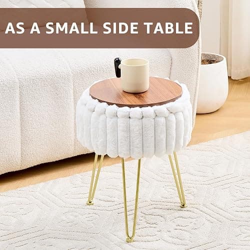Wimarsbon Vanity Stool with Storage, Faux Fur Ottoman Chair with Metal Legs, Round Makeup Vanity Chair for Bedroom or Dressing Table, Modern Small Ottoman Seat (White) thumbnail 5