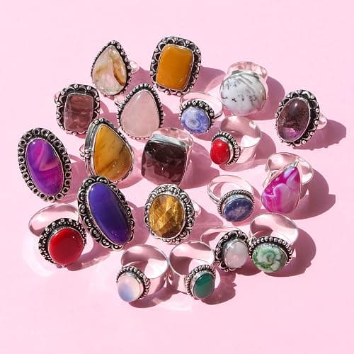 Carats Chunky Silver Rings Pack for Women - 10 Pcs - Stackable Fashion Ring Set, Silver Plated Statement Knuckle Handmade Gemstone Gothic Vintage Rings for Women thumbnail 6