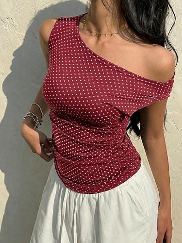 EMMIOL Off Shoulder Tops for Women Cute Sleeveless Polka Dot Shirts Ruched Sexy Going Out Tank Top Y2K Clothes thumbnail 4