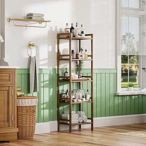 HITNET Bamboo Book Shelf, Tall Narrow Bookcase, Bathroom Shelving Unit 5 Tier Floor Standing Adjustable Bookshelf for Small Spaces, Walnut thumbnail 8