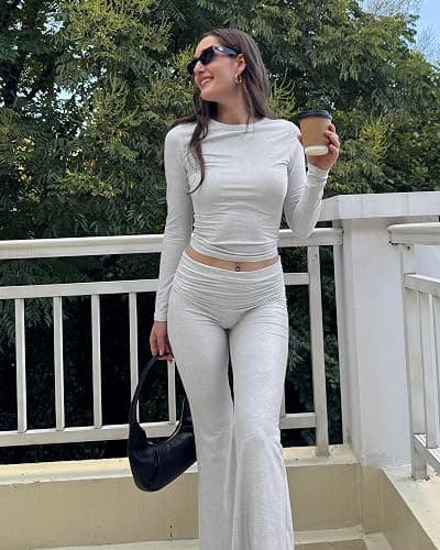 ZOOSIXX Lounge Sets for Women - 2 Piece Outfits Crop Tops with Fold Over Flare Leggings Fall Loungewear Fitted Pajama Sets thumbnail 3