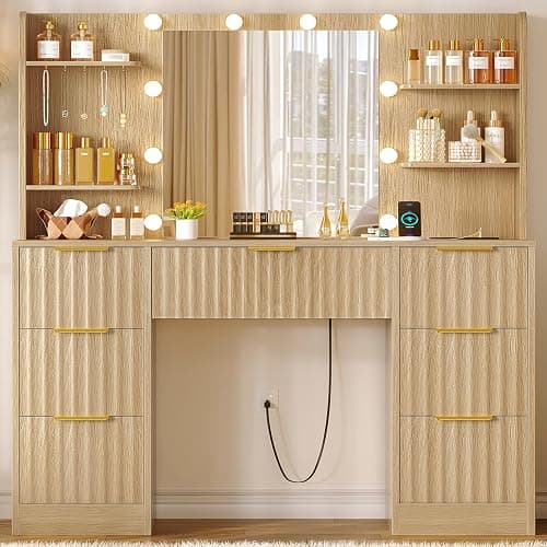 FIONESO Fluted Vanity Desk with Mirror and Adjustable LED Lights & Power Outlet, Makeup Vanity Desk with 7 Drawers,4 Shelves and 5 Hooks, Vanity for Girls, Natural Oak thumbnail 3