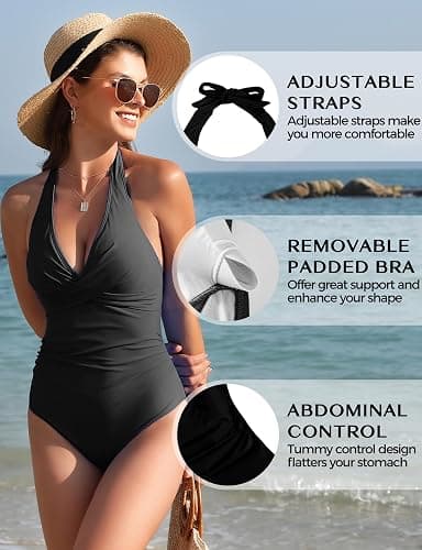 Buauty Women's One Piece Swimsuits Tummy Control Bathing Suits V Neck Ruched Push Up Halter Slimming Summer Swimwear thumbnail 5