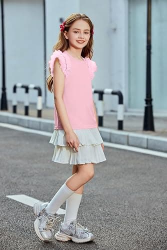 Arshiner Shirts for Girls with Mesh Flying Short Sleeve Crewneck Casual Summer Kids T Shirt Blouse Tops Tee thumbnail 5