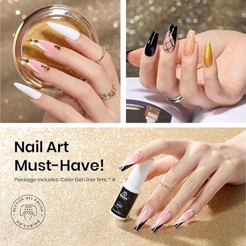beetles Nail Art Liner Gel Polish Set, 4 Pcs Neutral Classic Glitter Reflective Colors Swirl Manicure Design Shiny Gold Silver Black White Decoration Holiday Party Gifts for Women Girls thumbnail 3