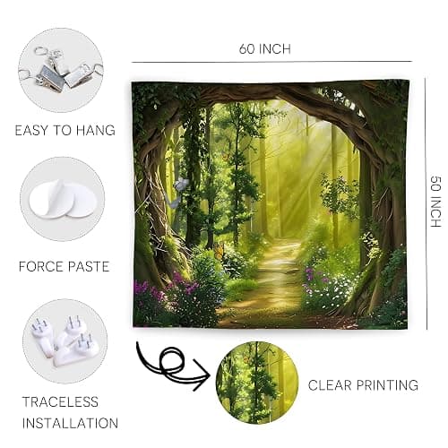 WNAGT Green Enchanted Forest Tapestry Wall Hanging, Cottage Core Decor, Magical Fantasy Sunray Woods Butterfly Botanical Wall Blanket Decor for Home Bedroom Living Room Office, 50x60 Inch thumbnail 6