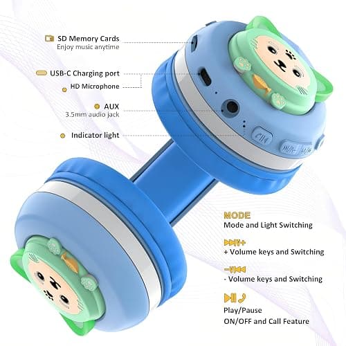 Riwbox CB-7S Kids Wireless Headphones,Gifts Suitable for Kids,74/85/95dB,LED Glow Lights,50H Playtime,Bluetooth V5.3,Built-in Mic, TF Card Slot,for Travel/School/Phone/Laptop(Blue&Grey) thumbnail 4