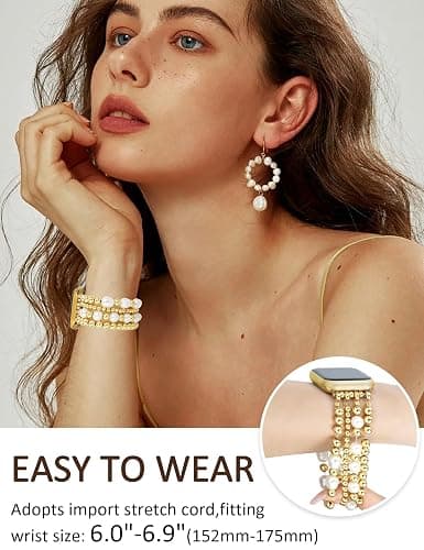JR.DM Gold Beaded Bracelet Bands Women Compatible with Apple Watch 40mm 42mm(S10/11) 41mm 38mm Dressy Fancy Stretchy Elastic Jewelry Strap Replacement for iWatch Series 11/10/9/8/7/6/5/4/3/2/1/SE thumbnail 2