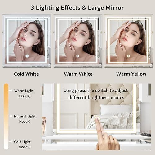 iPormis Vanity Desk with Mirror and Lights, Glass Top Makeup Vanity with RGB Light and Power Outlet, Dressing Table Mirror with 3 Lighting Colors, 7 Drawers, 3 Cabinets, White Vanity for Bedroom thumbnail 5