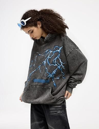 Aelfric Eden Mens Lightning Graphic Hoodies Print Oversized Unisex Streetwear Vintage Hoodie Y2k Sweatshirt Pocket Pullover thumbnail 3