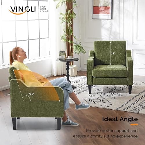 VINGLI Accent Chairs Set of 2, Modern Traditional Armchair for Living Room | Olive Green Reading Chair for Bedroom, Chenille Upholstered Sofa Chairs, Comfy Chair for Small Space, Apartment, Waiting Room thumbnail 4