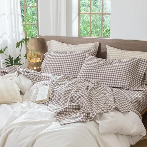 MooMee Gingham Sheet Set 100% Washed Cotton Linen Like Textured Breathable Soft w/Fully Elasticized 16-19" Deep Pocket (Classic Gingham Brown, Queen) thumbnail 7