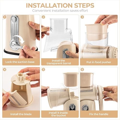 SUSTEAS Rotary Cheese Grater with Handle - Vegetable Shredder with 5 Well-designed Blades & Strong Suction Base,Round Mandoline Slicer & Food Chopper for Kitchen,with Blade Storage Box(Beige) thumbnail 7