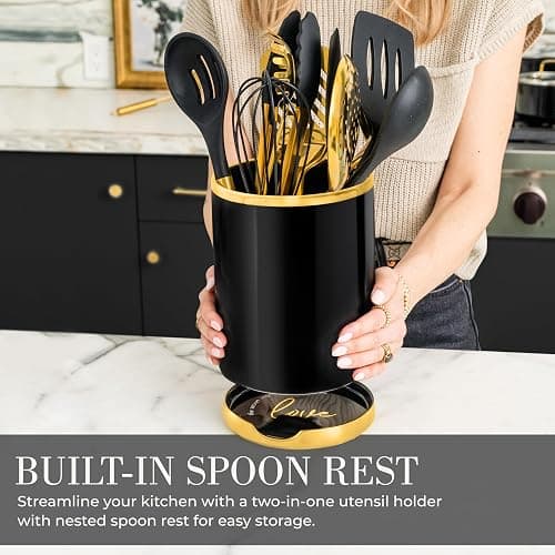 STYLED SETTINGS Black and Gold Cooking Utensils Set - 13-Piece Kitchen Set with Black Ceramic Utensil Holder and Stackable Gold Spoon Rest - Luxury Kitchen Accessories for Stylish Cooking and Serving thumbnail 6