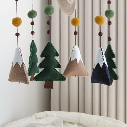Woodland Baby Mobile for Crib - Felt Forest Nursery Decor for Boys & Girls - Hanging Mountain & Pine Tree Mobile with Moon and Clouds - Nature Theme Bedroom Decorations - Neutral Baby Shower Gift thumbnail 6