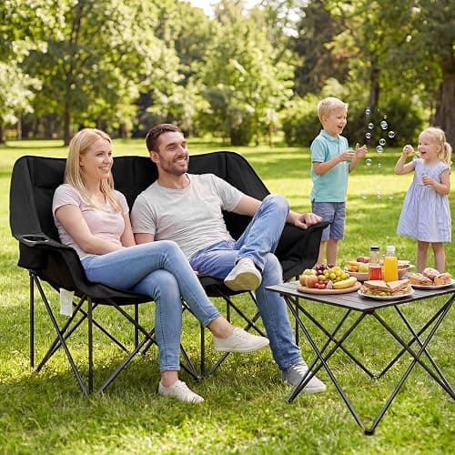 Goplus Double Camping Chair, Oversized Padded Loveseat w/Cup Holders, Glass Racks and Mesh Pockets, 660 LBS Heavy Duty Folding 2 Person Camp Couch w/Carry Bag for Lawn, Beach and Picnic (Black) thumbnail 9