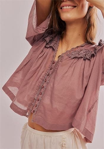 Women Lace Trim Cardigan Shirt Short Sleeve Button Down Ruffle Hem Blouse Summer Boho Tops Y2K Going Out Tops thumbnail 2