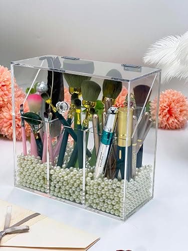 VASERDDY Acrylic Makeup Organizer,Clear Cosmetic Brush Storage Box With 3 Brush Holders,with Dust Cover, Large-capacity Split Design can Quickly Organize the Desktop (with3 bags of white pearls thumbnail 3