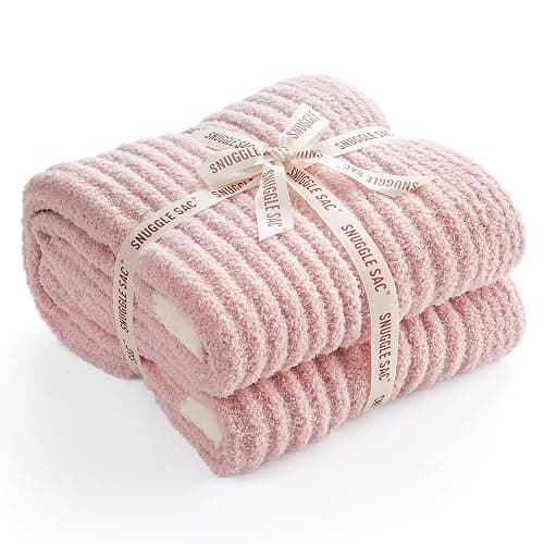 Snuggle Sac Fluffy Ribbed Pink Blanket Twin Size, Soft Luxurious Knit Throw, Fuzzy Plush Microfiber Blankets for Couch, Sofa, Bed, Pink, 60x80 inches thumbnail 2