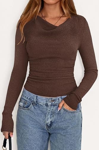 PRETTYGARDEN Women Cowl Neck Knit Fall Ruched Crop Tops | Fall Long Sleeve Going Out Shirts,Winter Ribbed Slim Fit Basic T-Shirts,Casual Spring Fitted Y2K Top,Business Casual Outfits thumbnail 2