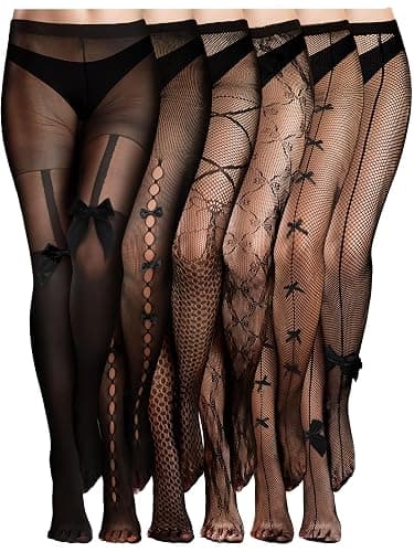 Ramede 6 Pairs Women Fishnet Thigh High Stockings Waist Tights Bow Patterned Fishnet Leggings Pantyhose for Halloween - Image 1