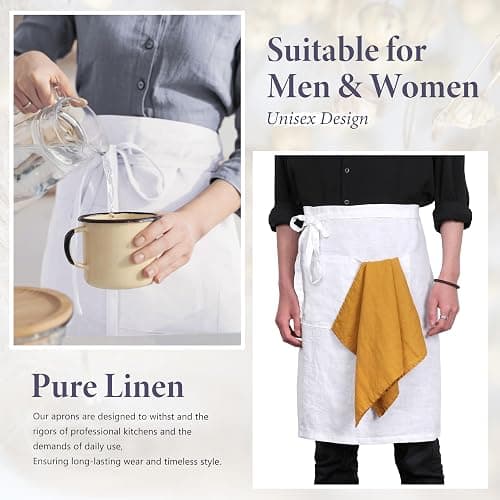 Pure Linen Bistro Half Apron - 25 x 35 Inch Unisex Waist Aprons with Large Pocket Ideal for Kitchen Crafts and More thumbnail 6