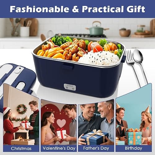 COZYEXPERT 100W Electric Lunch Box Food Heated 12V 24V 110V Fast Food Warmer Heater for Car/Truck/Home Portable Food Heating Boxes with 1.8L 304 SS Container 0.45L Compartment(Royal Blue+White) thumbnail 8