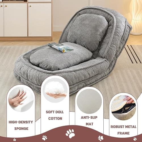 Upholstered Human Dog Bed for Adult & Pets, Convertible Lazy Sofa Bed with 5 Adjustable Position, Comfy Tatami Bean Bag Lounge Chair with 2 Soft Pillows for Bedroom Living Room Office (Gray) thumbnail 5