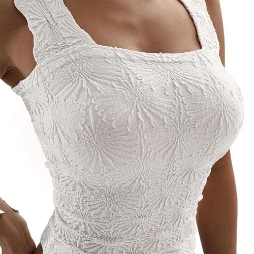 Women's Square Neck Seamless Wide Strap Crop Tank Tops,Slim Fit Flower Lettuce Trim Crop Cami Tops, Love Letter Cami - Small - Ivory thumbnail 5