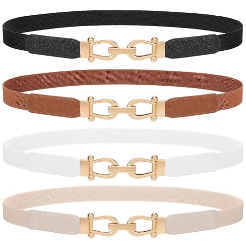 4 Pack Women Skinny Elastic Belts Gold Buckle Thin Stretchy Waist Belts for Dresses - Image 1