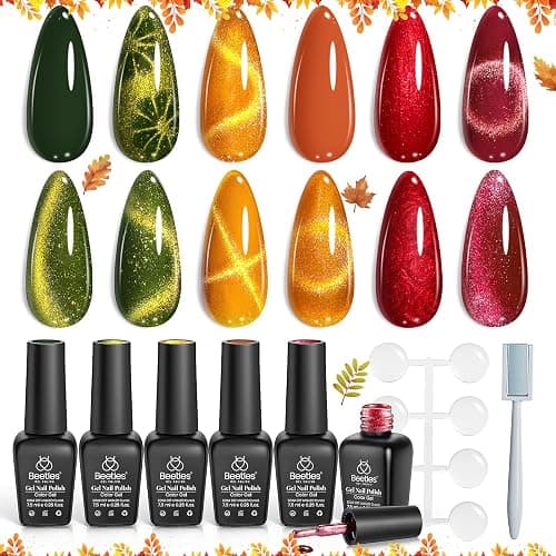 Beetles Fall Gel Nail Polish Set, 6 Colors Red Burgundy Cat Eye Gel | Olive Green and Pearl Nail Polish, Magnet Soak Off LED Nail Art Kit DIY Salon at Home Gifts for Women thumbnail 9