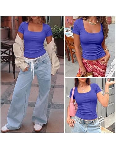 ANRABESS Women Short Sleeve Tops Scoop Neck Ribbed Knit Slim Fitted Basic Tee Shirt Casual Summer Clothes 2026 Spring Outfits thumbnail 7