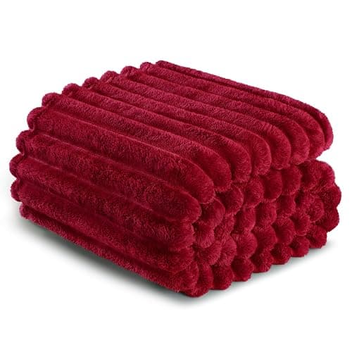 Exclusivo Mezcla Fleece Throw Blanket for Couch, Super Soft Striped Jacquard Bed Blanket, Lightweight Fuzzy Cozy for All Seasons, 50x60 Inches, Deep Red thumbnail 7