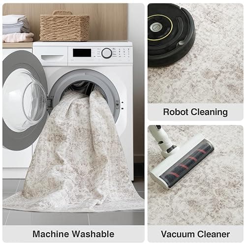 Fmfunctex 8x10 Washable Beige Neutral Vintage Large Living Room Area Rug | Non Slip Low Pile Soft Indoor Tapis Salon Throw Carpet Distressed Farmhouse Retro Floral Pattern Dining Room Bedroom Nursery thumbnail 6