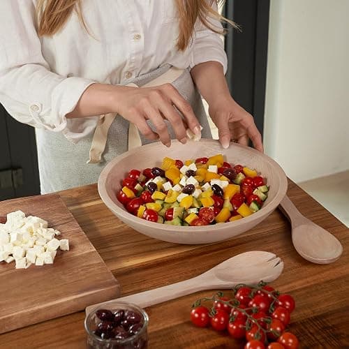 KIBAGA Extra Large Wooden Salad Bowl Set With Serving Utensils - A Beautiful Party Salad & Fruit Bowl With Serving Spoons Perfect for Your Dinner Party - Decorative & Practical Kitchen Must-Have thumbnail 4