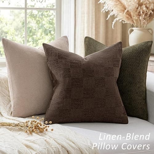 a moment Set of 2 Decorative Linen Throw Pillow Covers,Large Grid Textured Neutral Boho Farmhouse Cushion Covers,Soft Aesthetic Pillowcases for Couch Sofa Living Room Home Decor,20x12 Inch,Dark Brown thumbnail 5