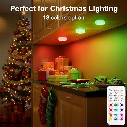 BLS LED Puck Lights with Remote Control, Wireless Under Cabinet & Closet Lighting, RGB 13 Color Changing Lights with Dimmer, Timer & AA Battery Operated, Push, Touch, Stick on for Night, White, 6 Pack thumbnail 2
