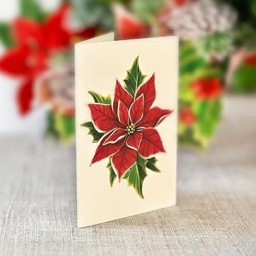Freshcut Paper Pop Up Cards, Birch Poinsettia, 10 Inch Life Sized Forever Flower Bouquet 3D Popup Greeting Cards, Christmas Card, Holiday Card, Blank Notecard & Envelope - Birch Poinsettia thumbnail 6