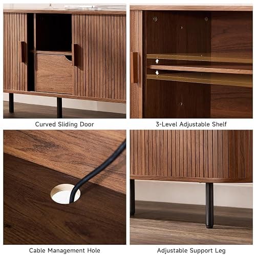ONBRILL 69" TV Stand with Power Outlet for TVs up to 80", Entertainment Center with Storage and Drawer, TV Console with Adjustable Shelves and Sliding Door, TV Stand for Living Room, Bedroom, Walnut thumbnail 4