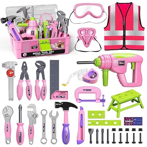 Deejoy Tool Set with Tool Box & Electronic Toy Drill, Pretend Play Kids Construction Kits for Kids Ages 3-5 Years Old, Toddler Tool Set(Pink) - Image 1