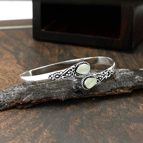 Pear Shape Natural Gemstones Bangle for Women - 925 Sterling Silver Plated Handmade Cuff Bracelet - Birthstone Adjustable Open Bangle Jewelry - Gift for Wedding Anniversaries Valentine's Day Christmas thumbnail 5