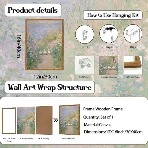 Framed Vintage Geese Canvas Wall Art, Cottagecore Monet Floral Landscape Wall Decor Paintings, French Country Farmhouse Animal Pictures Prints Rustic Home Decor for Living Room Bedroom 12x16 inch thumbnail 5