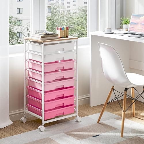 Rolling Cart with Drawers, Pink Cart with 8 Plastic Drawer Storage and Wooden Tabletop, Craft Storage, Teacher Cart, Storage Cart on Wheels, Rose Pink thumbnail 2